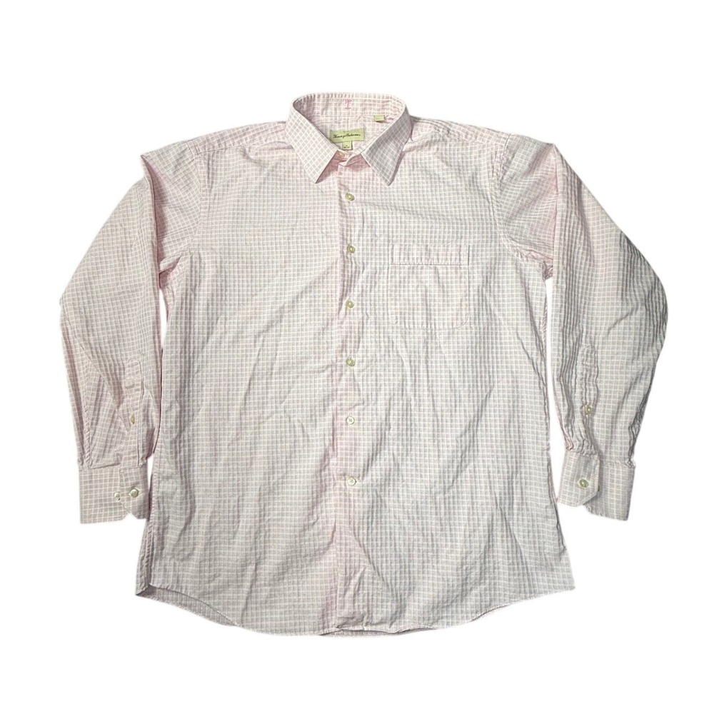 Tommy Bahama Mens Pink White Grid Long Sleeve Button Down Shirt Size 16 34-35